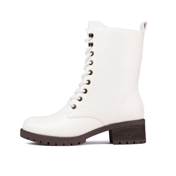 Mid Calf Chunky Lace Up Boots - WHITE PU - 1